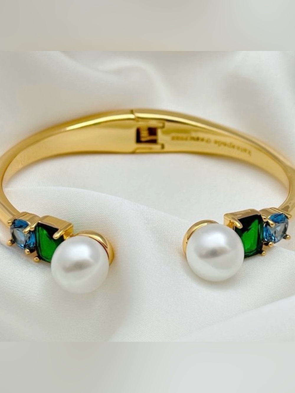kate spade Gold-Tone Bangle with Pearl and Green & Blue Gem Accents